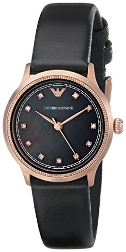 Emporio Armani AR1802 ladies watch features a black mother of pearl dial, rose gold-tone bezel, and a black leather strap with diamond hour markers.