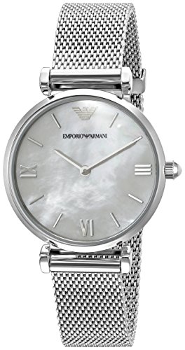 Silver-tone Emporio Armani AR1955 watch featuring a mother of pearl dial, Roman numerals, and a mesh bracelet for a sleek, elegant look.