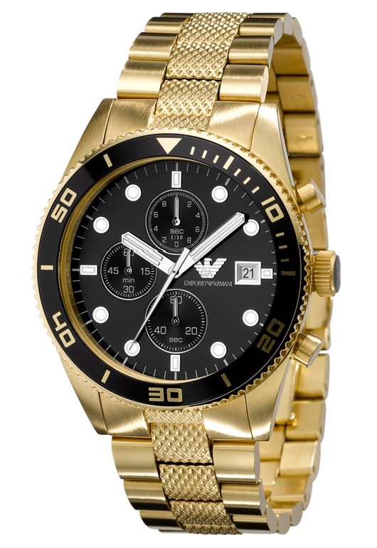 Gold-tone Emporio Armani AR5857 men's chronograph watch features a 43mm black dial, three sub-dials, luminous markers, and a textured gold bracelet with a date display.