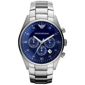 Men's Emporio Armani Sportivo AR5860 chronograph watch featuring a 43mm stainless steel case, blue dial with three sub-dials, and a silver steel bracelet.
