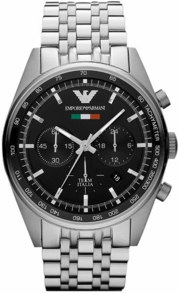 Stylish Emporio Armani AR5983 men's watch features a black dial with silver-tone hands, chronograph subdials, a tachymeter, and a stainless steel bracelet, accented by Italian flag colors.