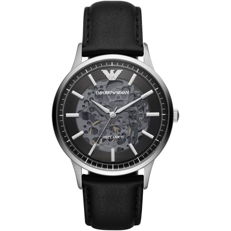 Men's Emporio Armani Renato AR60038 watch featuring a 43mm black dial, skeleton design, silver-tone hour markers, and a black leather strap.