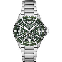 Emporio Armani AR60061 Sea Explorer watch features a 42mm green skeleton dial, silver steel bracelet, and a wave pattern on the dial, showcasing a stylish and modern design.