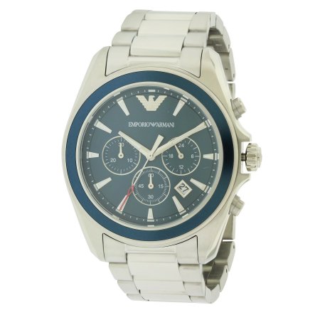 Men's Emporio Armani Sportivo AR6091 chronograph watch features a 44mm stainless steel case, blue dial with subdials, and a silver stainless steel bracelet.