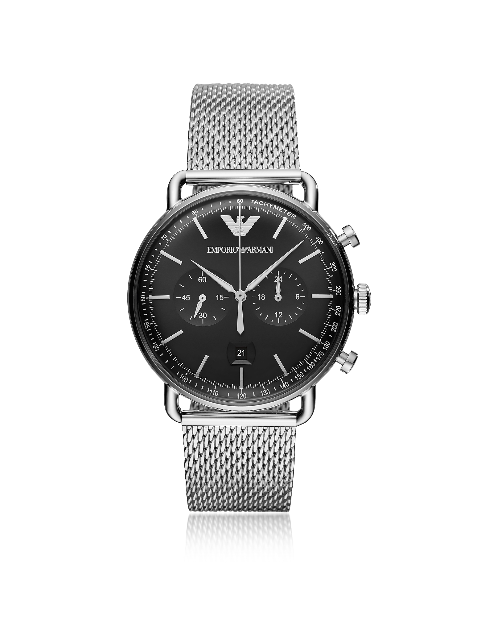 Emporio Armani men's chronograph watch featuring a 43mm black dial, silver mesh bracelet, and prominent logo, with three sub-dials and a date display at the bottom.