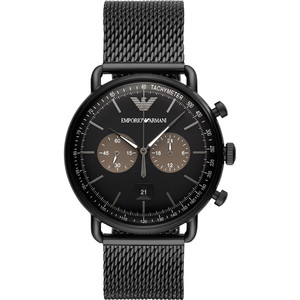 Emporio Armani men's chronograph watch featuring a 43mm black dial with brown sub-dials, stainless steel mesh bracelet, and tachymeter markings.