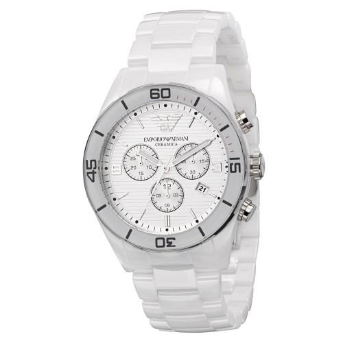 Emporio Armani Ceramica AR1424 men's chronograph watch features a 43mm white dial, ceramic bracelet, silver-tone bezel, and three sub-dials for added functionality.
