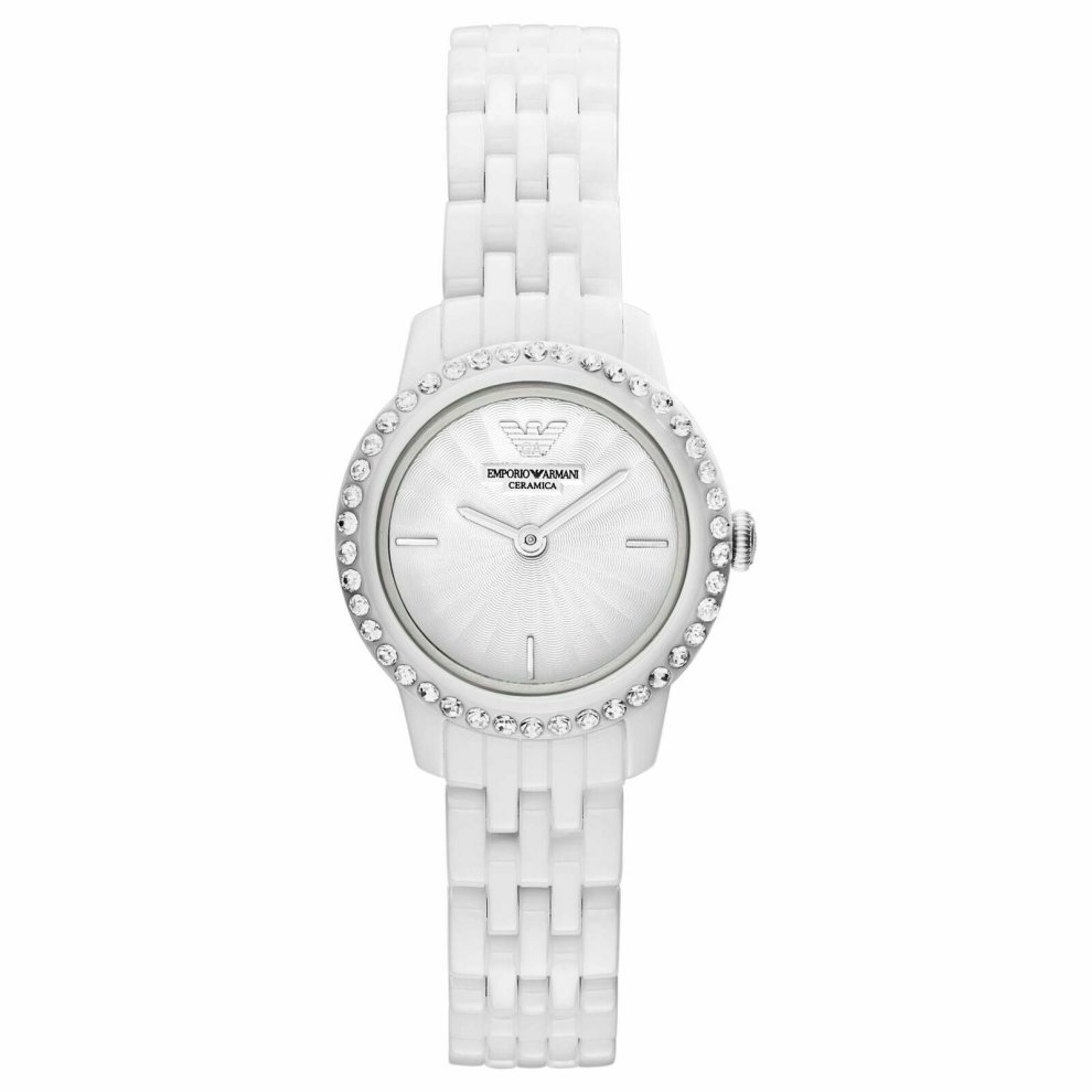 Emporio Armani Ceramica AR1479 women's quartz watch features a 26mm white dial, white ceramic bracelet, and a bezel adorned with sparkling crystals.