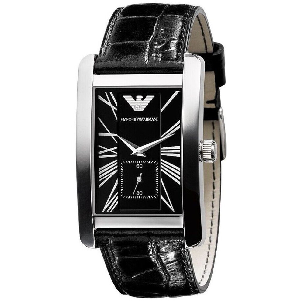 Emporio Armani Classic AR0143 men's watch features a black leather strap, rectangular silver case, black dial with Roman numerals, and a small sub-dial for seconds.