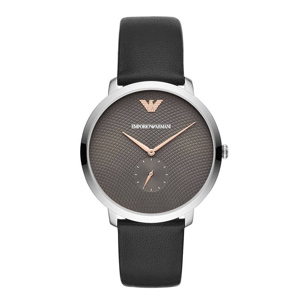Modern slim men's quartz watch featuring a 42mm grey dial, black leather strap, and rose gold accents, highlighted by the Emporio Armani logo at the top.