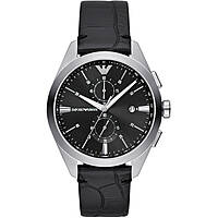 Men's Emporio Armani Claudio AR11542 chronograph watch featuring a 43mm black dial, silver-tone case, and a black leather strap with textured detailing.