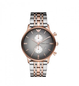 Men's Emporio Armani Gianni AR1721 chronograph watch features a 43mm grey dial, two-tone stainless steel bracelet, and rose gold accents with two sub-dials.