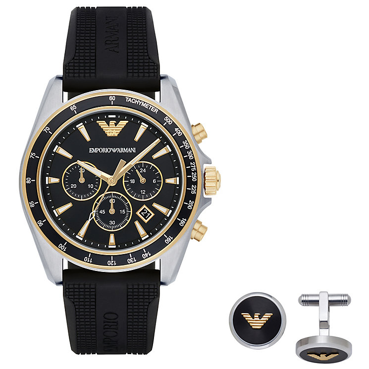 Men's Emporio Armani Sigma AR80003 chronograph watch features a 44mm black dial, gold accents, silicone strap, and includes matching cufflinks with the brand logo.
