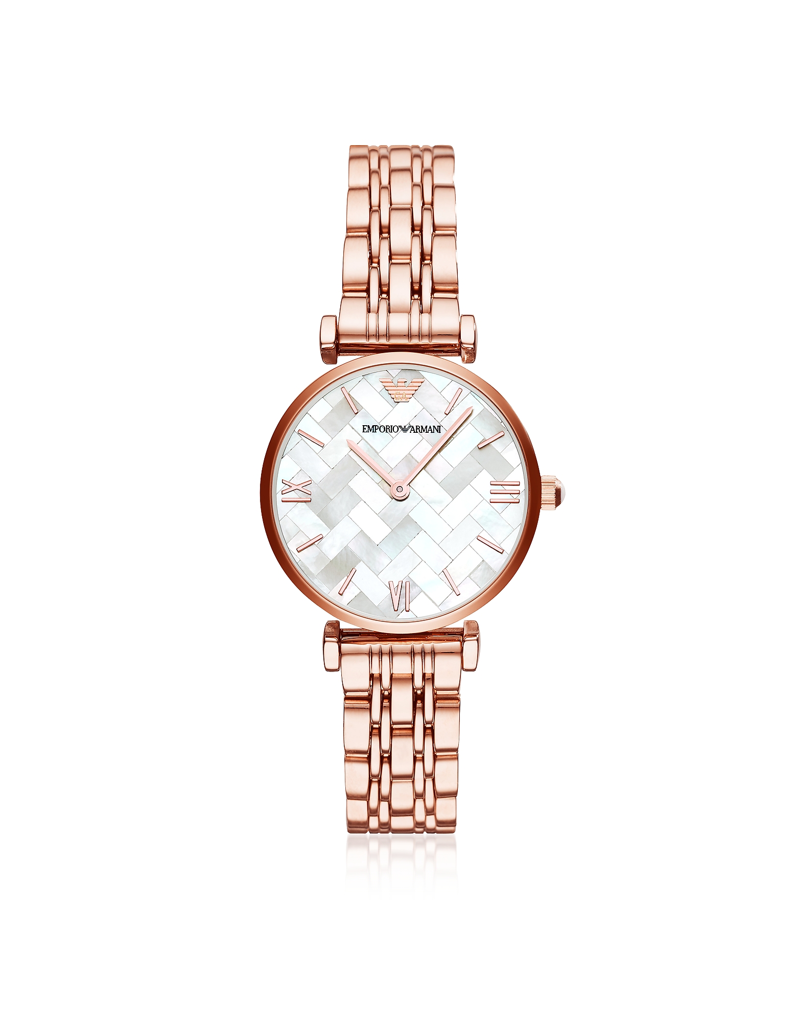 Rose gold stainless steel watch featuring a 32mm mother of pearl dial with a chevron pattern, Roman numerals, and a stylish T-bar bracelet design.