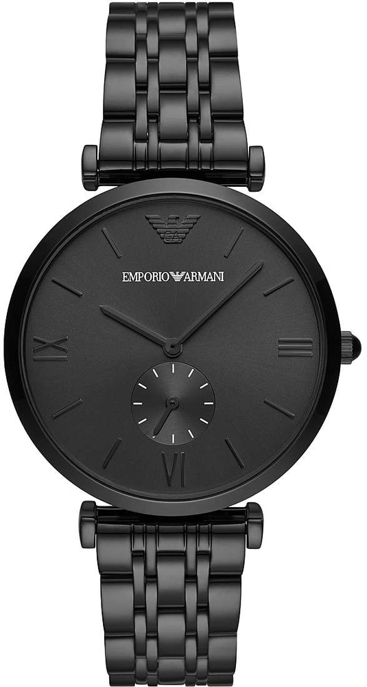 Emporio Armani Gianni T-Bar men's watch features a 40mm black dial, black stainless steel bracelet, and minimalist design with Roman numerals and a small subdial.