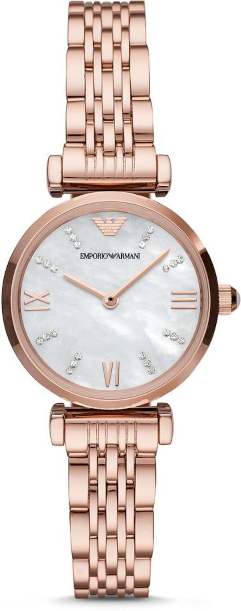 Emporio Armani Gianni T-Bar women's watch features a 28mm white mother-of-pearl dial, rose gold steel bracelet, and diamond-like hour markers with a sleek, elegant design.