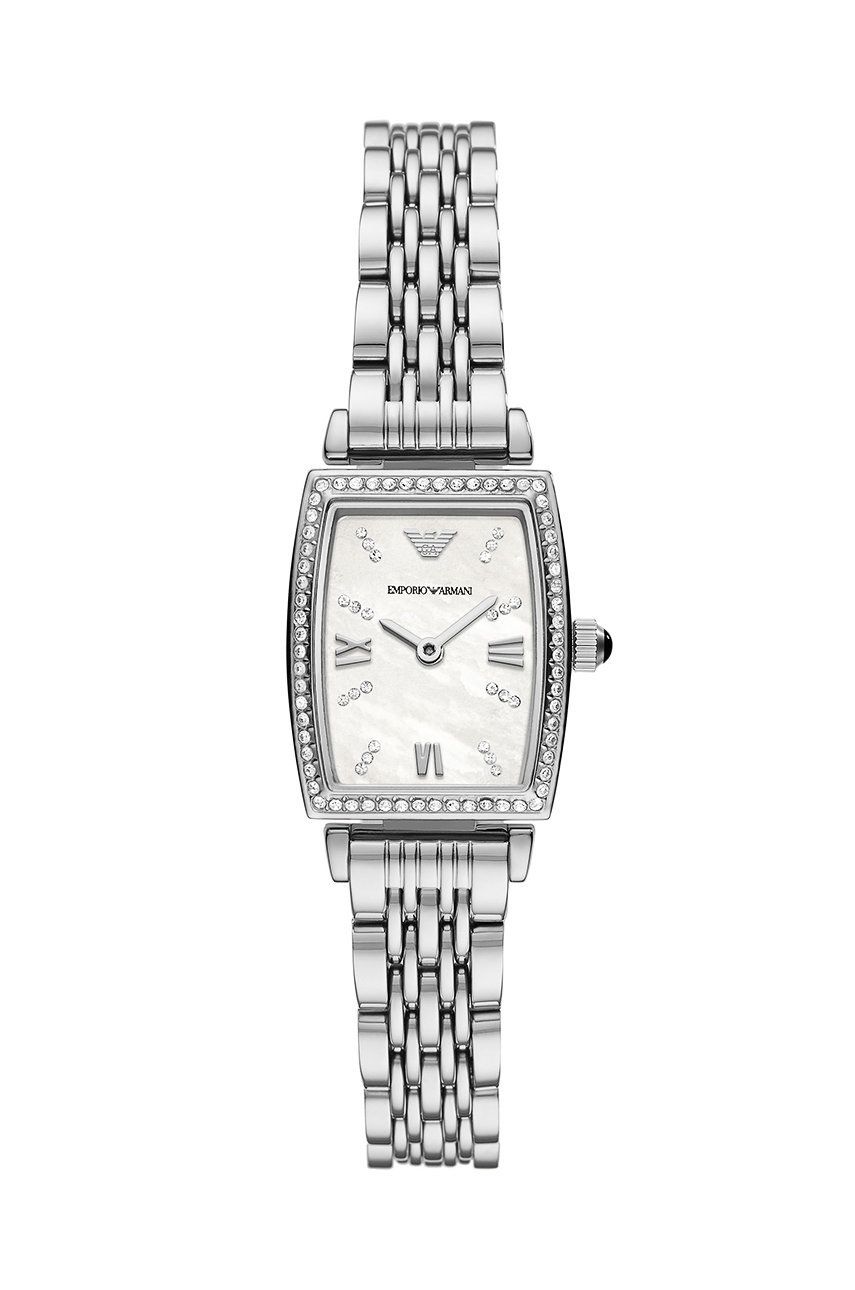 Emporio Armani Gianni T-Bar women's watch featuring a 26mm white dial, stainless steel bracelet, and a sparkling bezel with diamond accents.