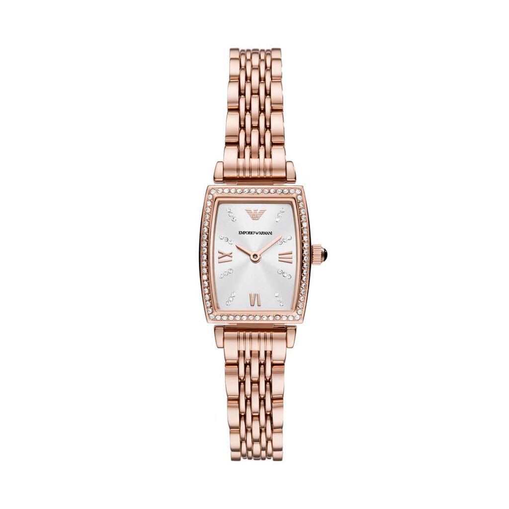 Rose gold women's watch with a 26mm rectangular case, white dial, steel bracelet, and sparkling bezel, featuring Roman numerals and the Emporio Armani logo.