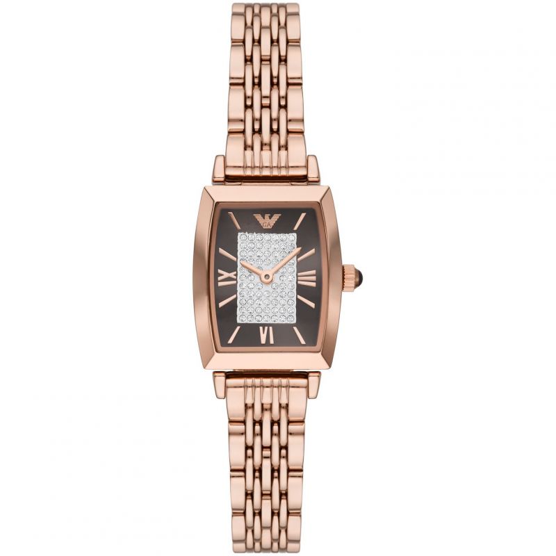 Rose gold women's watch featuring a 26mm rectangular case, brown crystal-pavé dial, and a linked bracelet design with Roman numerals.