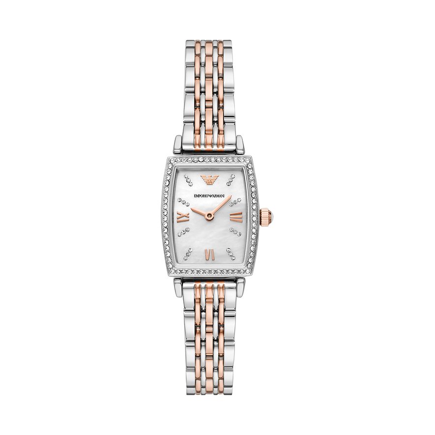 Emporio Armani women's rectangular watch featuring a 26mm white mother-of-pearl dial, two-tone rose gold and silver bracelet, and sparkling bezel accents.
