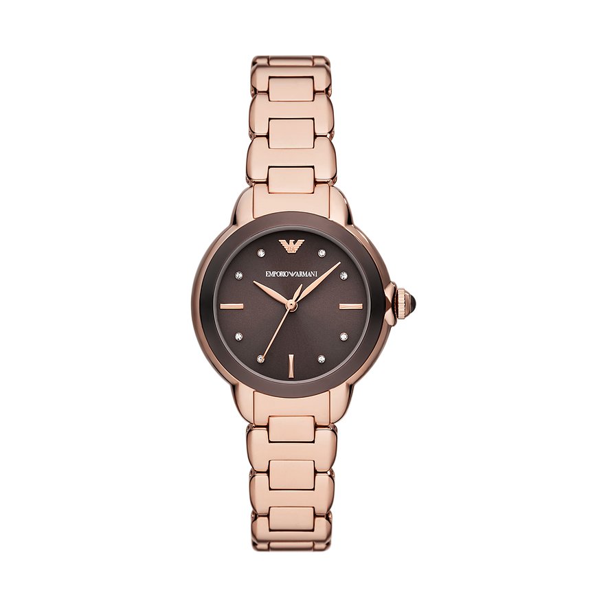 Emporio Armani Mia AR11570 women's watch featuring a 32mm brown dial, rose gold steel bracelet, and diamond-like hour markers for a stylish, elegant look.