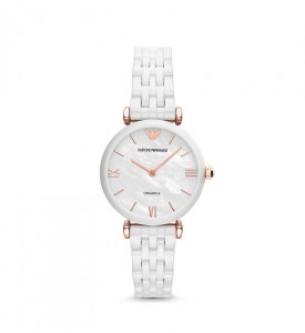 Elegant white ceramic watch with a mother of pearl dial, rose gold hour markers, and a T-bar design, featuring a stylish linked bracelet.