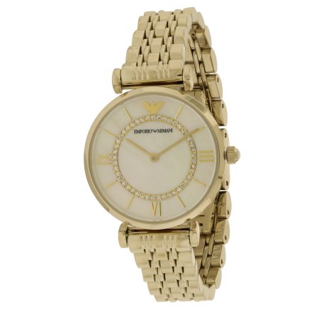 Gold-tone Emporio Armani women's watch featuring a 32mm case, mother of pearl dial, sparkling crystal accents, and a stylish linked bracelet.