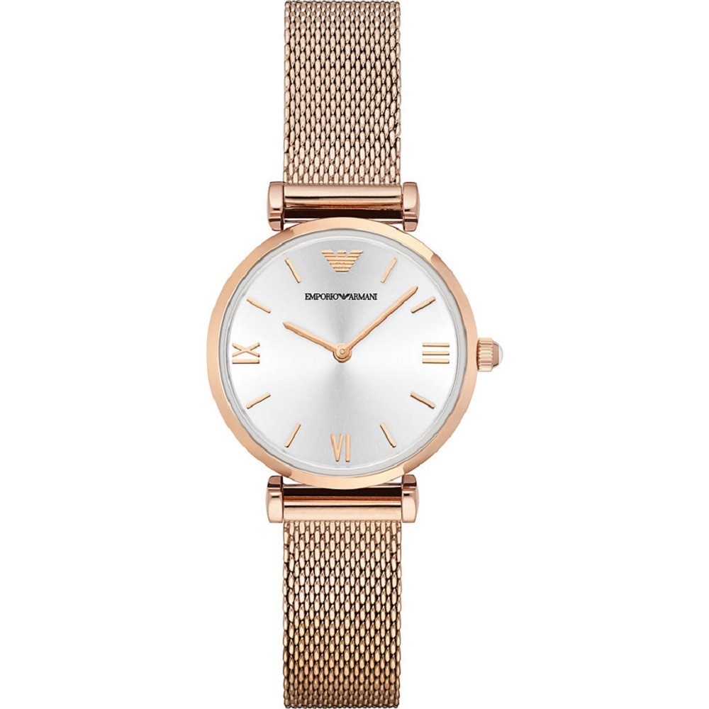 Rose gold-tone mesh watch featuring a 32mm silver dial, minimalist hour markers, and an Emporio Armani logo at the 12 o'clock position.