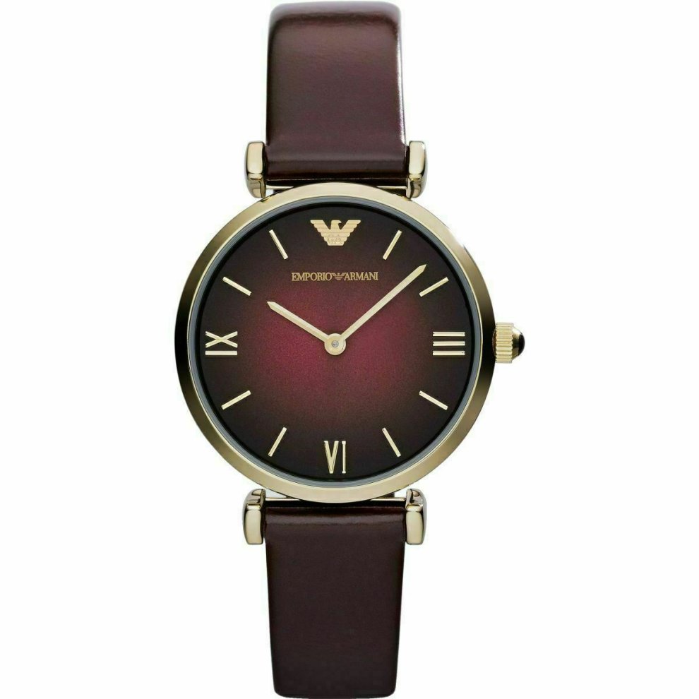 Emporio Armani Gianni T-Bar AR2068 women's watch featuring a 32mm mother-of-pearl dial, silver mesh bracelet, and elegant gold-tone accents with Roman numerals.