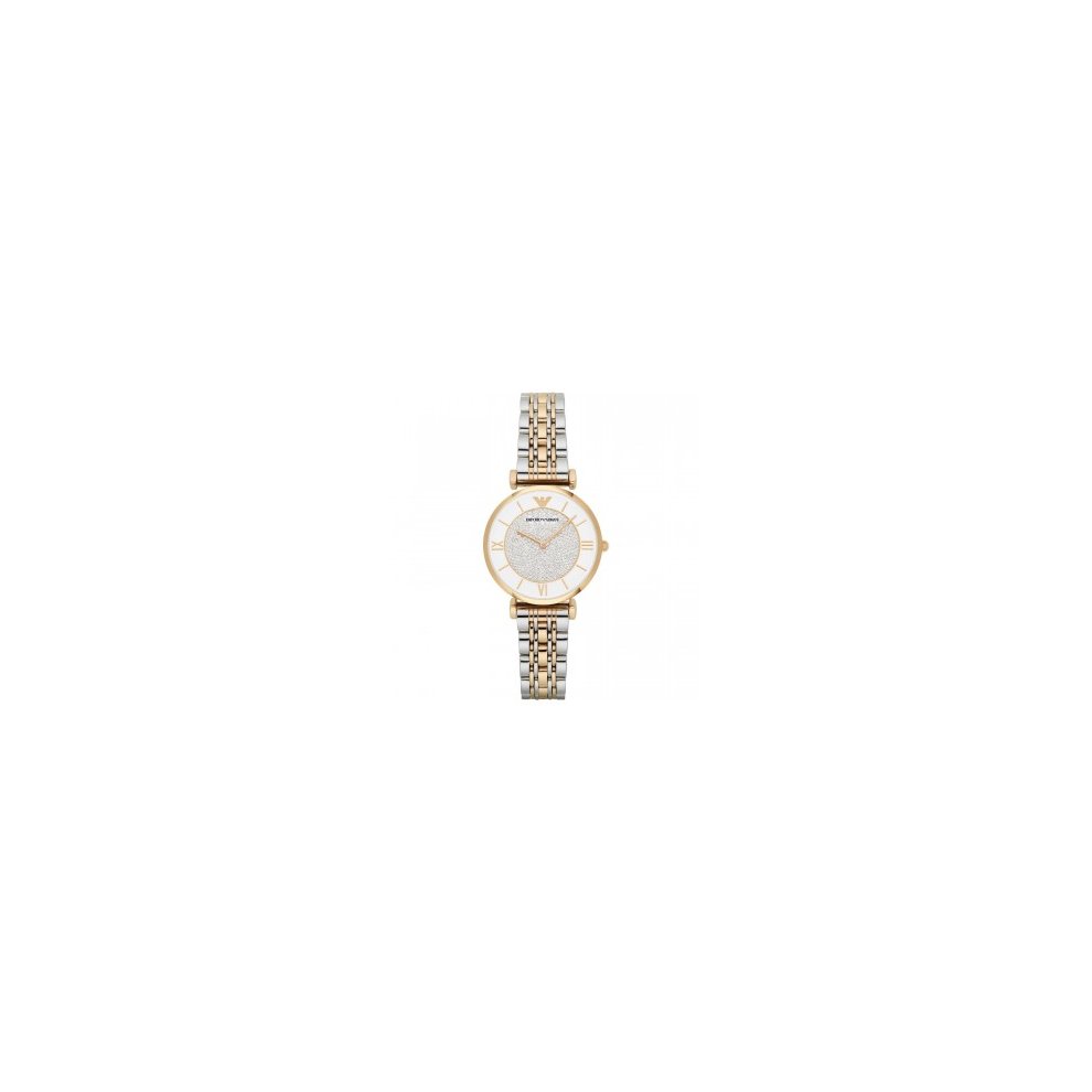 Emporio Armani Gianni T-Bar AR2076 women's two-tone stainless steel watch featuring a 32mm white dial and a stylish gold and silver bracelet.