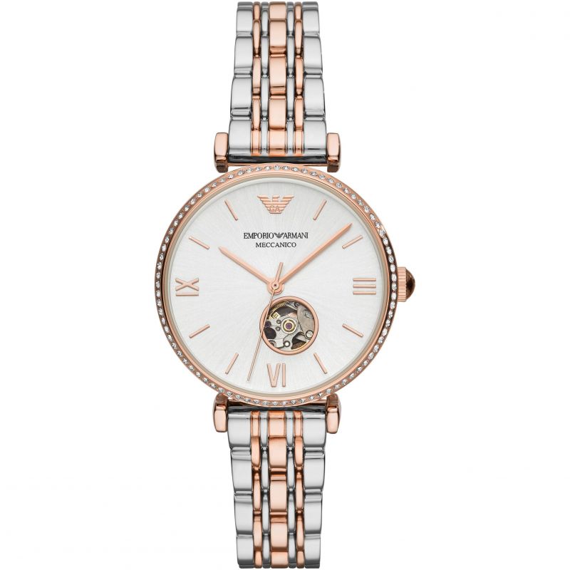 Emporio Armani women's automatic watch features a 34mm silver open heart dial, two-tone bracelet with rose gold and silver links, and elegant Roman numeral markers.