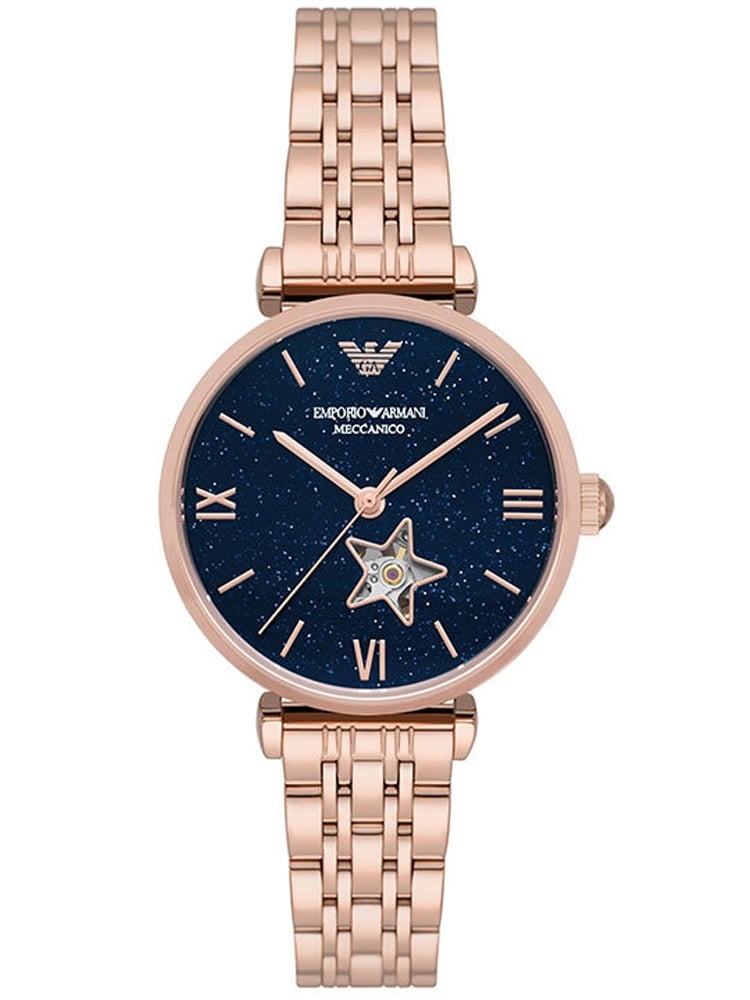 Emporio Armani Gianni T-Bar watch features a 34mm navy blue dial with a rose gold bracelet, open-heart design, and star-shaped cutout revealing the movement.