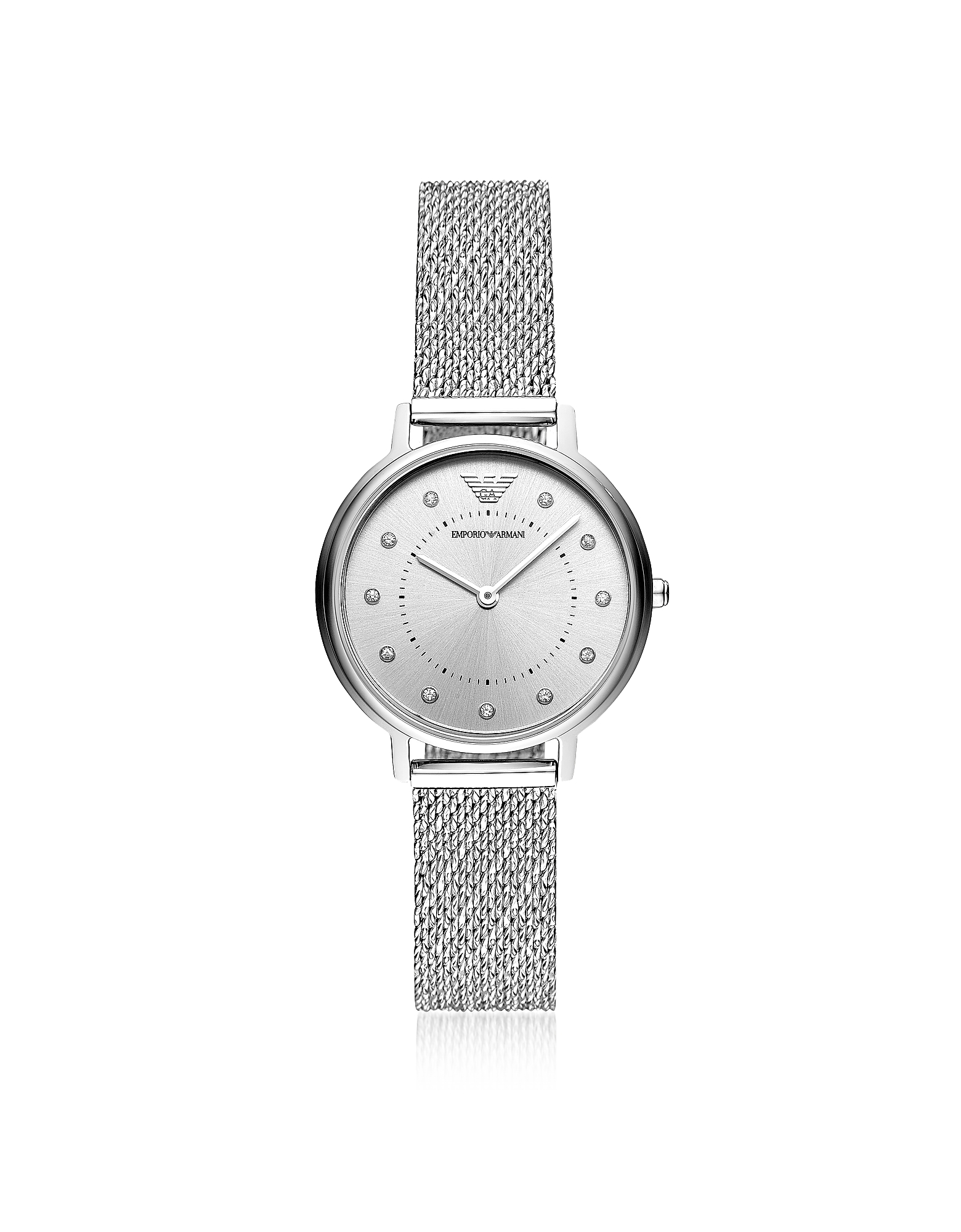 Emporio Armani Kappa AR11128 women's watch features a 32mm silver dial with a mesh bracelet, showcasing a sleek design and sparkling hour markers.