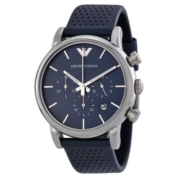 Men's Emporio Armani Luigi AR1736 chronograph watch featuring a 41mm navy blue dial, silver-tone markers, and a blue leather strap with perforated detailing.