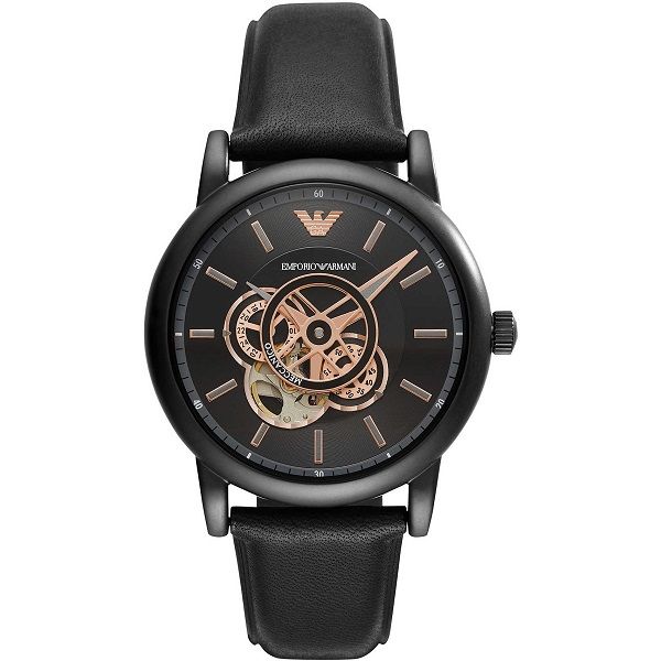 Black leather strap automatic watch featuring a 43mm black dial with rose gold accents and an intricate skeleton design showcasing the movement.