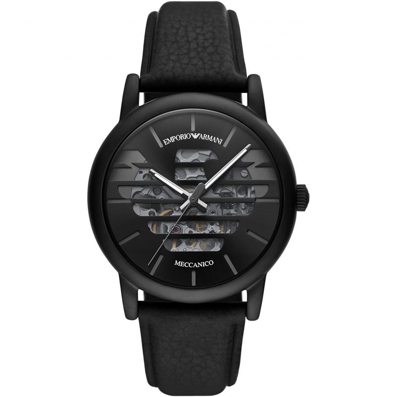Emporio Armani Luigi Skeleton AR60032 features a 43mm black dial with a skeleton design, complemented by a textured black leather strap.