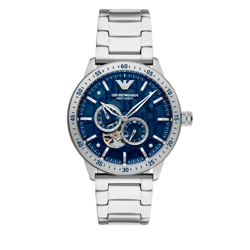 Emporio Armani Meccanico AR60052 men's watch features a blue dial with silver steel case and bracelet, showcasing a skeleton design and chronograph sub-dials.