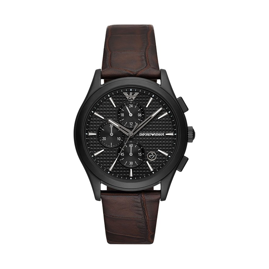 Men's Emporio Armani Paolo AR11549 chronograph watch featuring a 42mm black dial, brown leather strap, and textured dial with silver-tone hour markers and subdials.