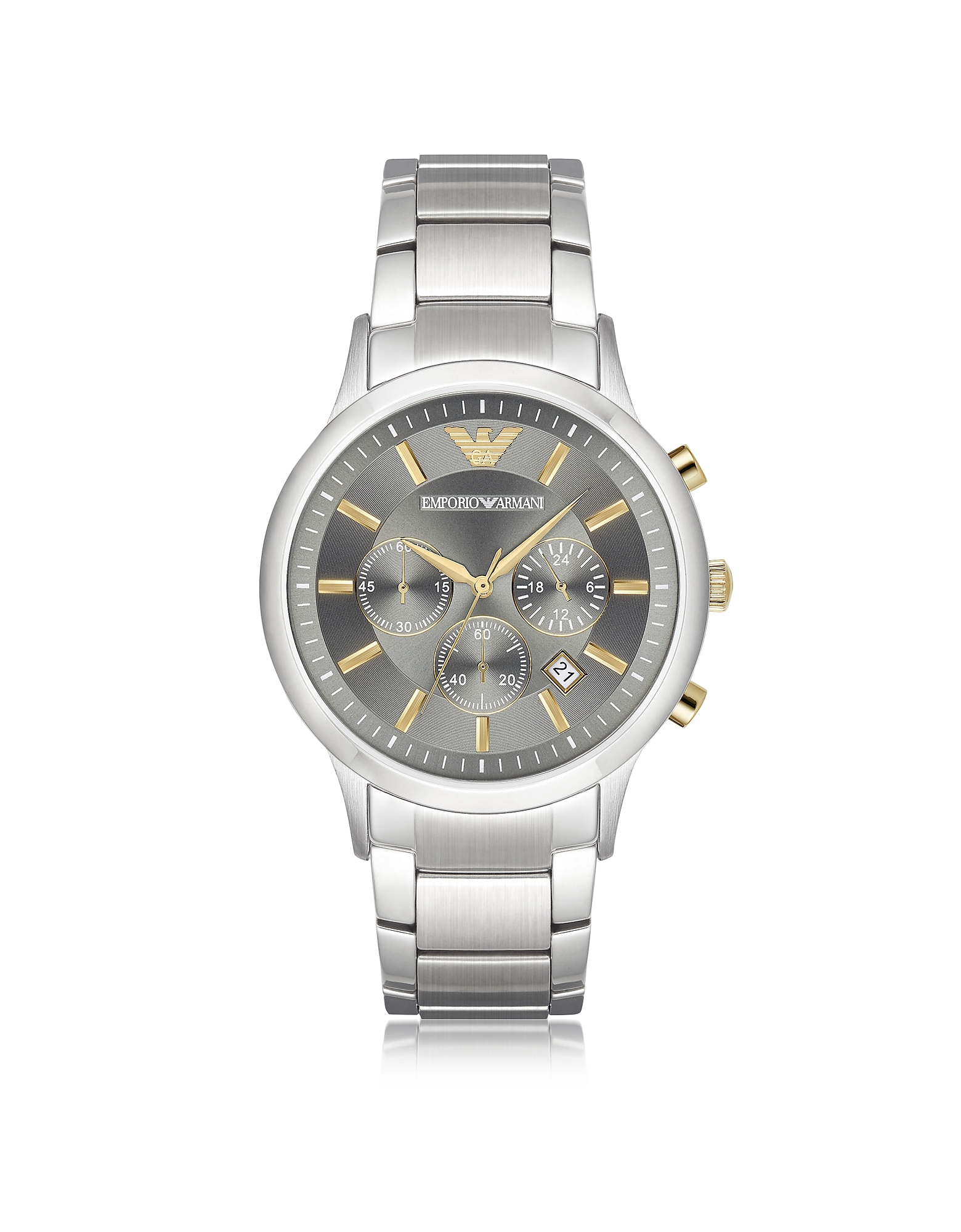 Men's Emporio Armani Renato AR11047 chronograph watch featuring a 43mm grey dial, steel bracelet, gold accents, and three sub-dials with a date display.