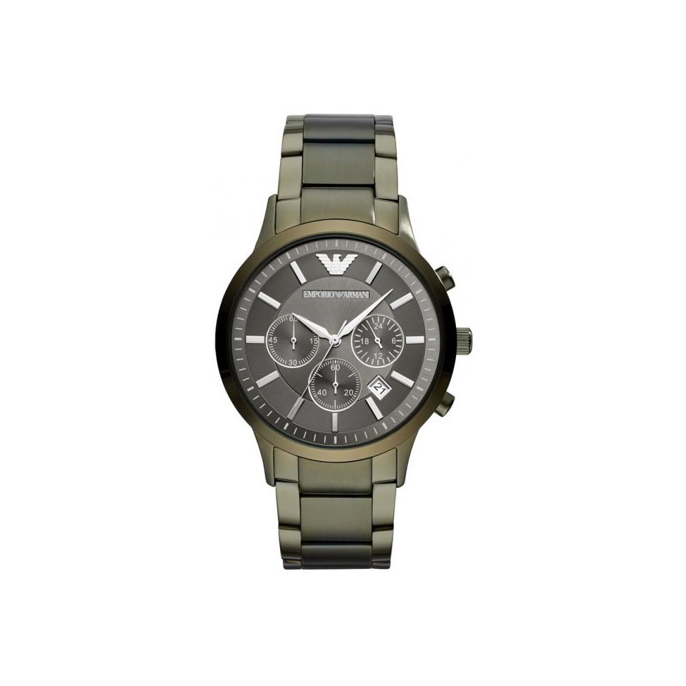 Men's Emporio Armani Renato AR11117 chronograph watch featuring a 43mm grey dial, green stainless steel bracelet, and three sub-dials for added functionality.
