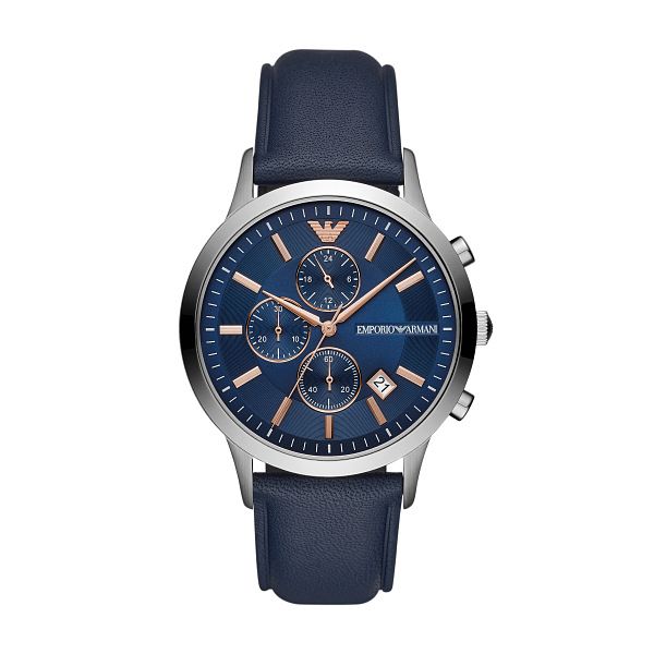 Emporio Armani Renato AR11216 men's chronograph watch features a 43mm navy dial with rose gold accents, three sub-dials, and a blue leather strap.