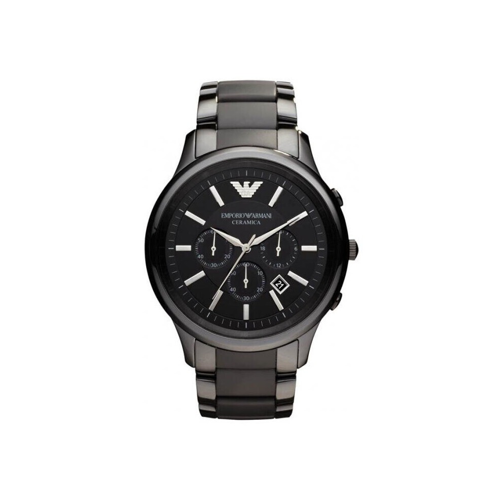 Men's Emporio Armani Renato AR1451 chronograph watch featuring a 47mm black dial, black ceramic bracelet, and three sub-dials with a date display.