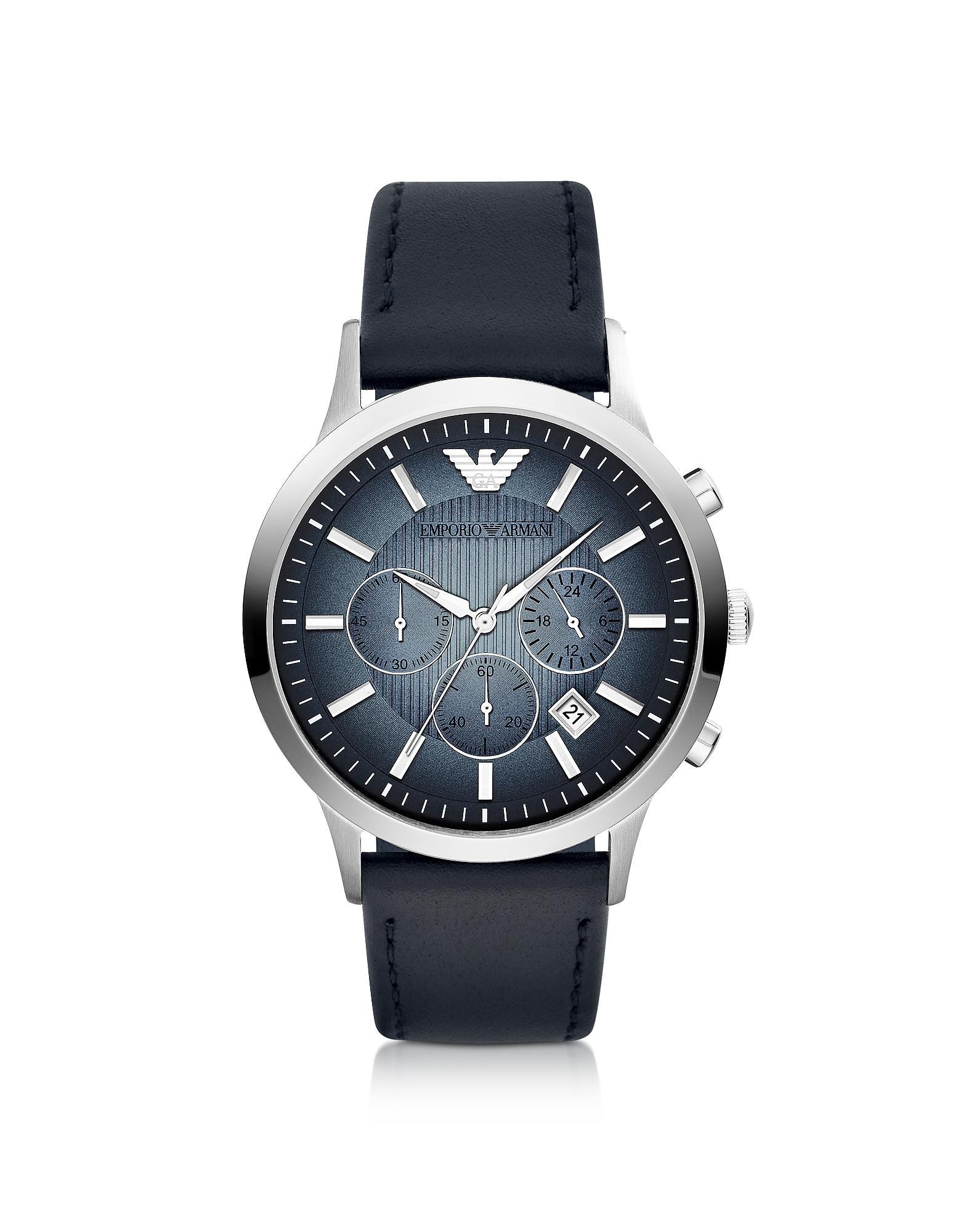Emporio Armani Renato AR2473 men's chronograph watch features a 43mm blue dial, silver-tone case, three sub-dials, date display, and a navy leather strap.
