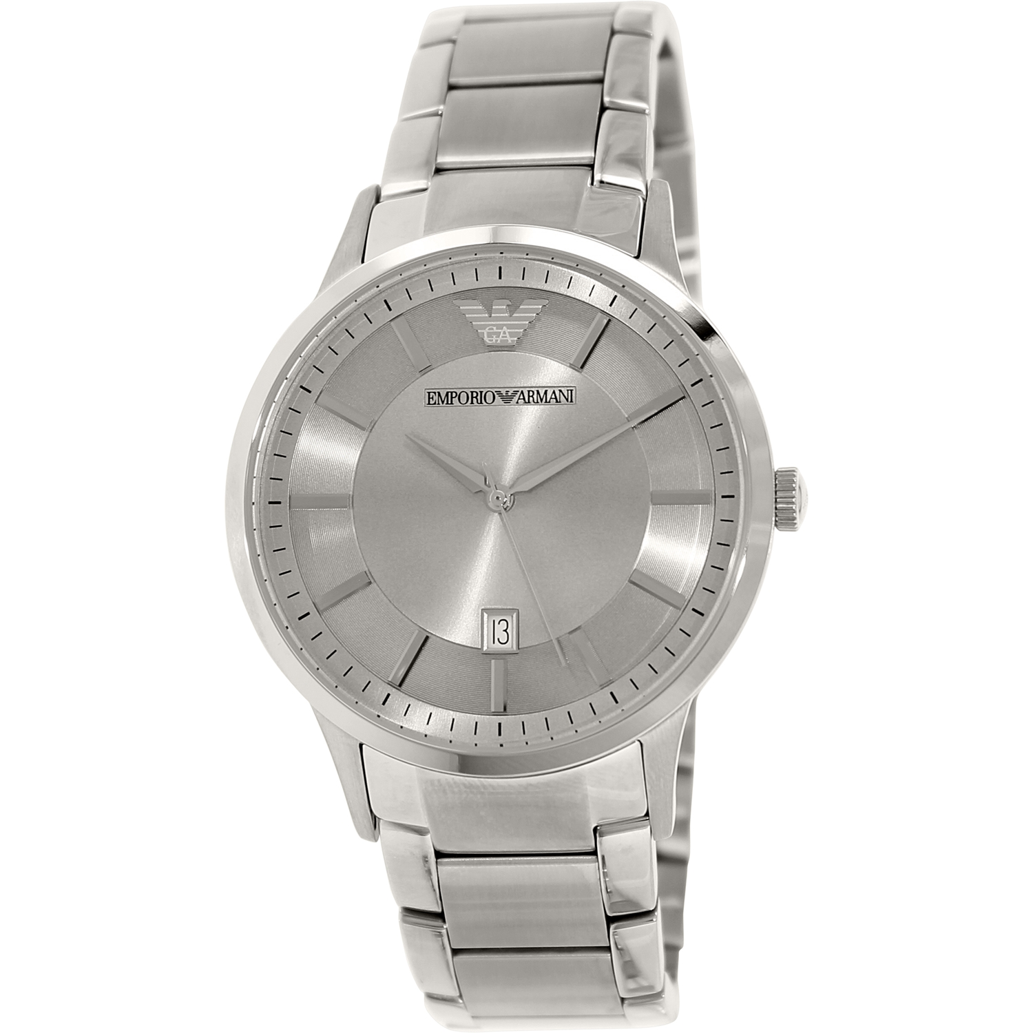 Emporio Armani Renato AR2478 men's watch features a 43mm silver dial, stainless steel bracelet, minimalist design, and a date display at the 6 o'clock position.