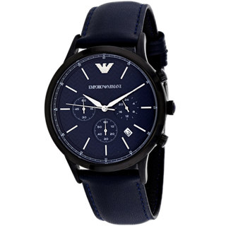 Emporio Armani Renato AR2481 men's chronograph watch features a 43mm navy blue dial, black case, and a navy leather strap with silver-tone accents and subdials.