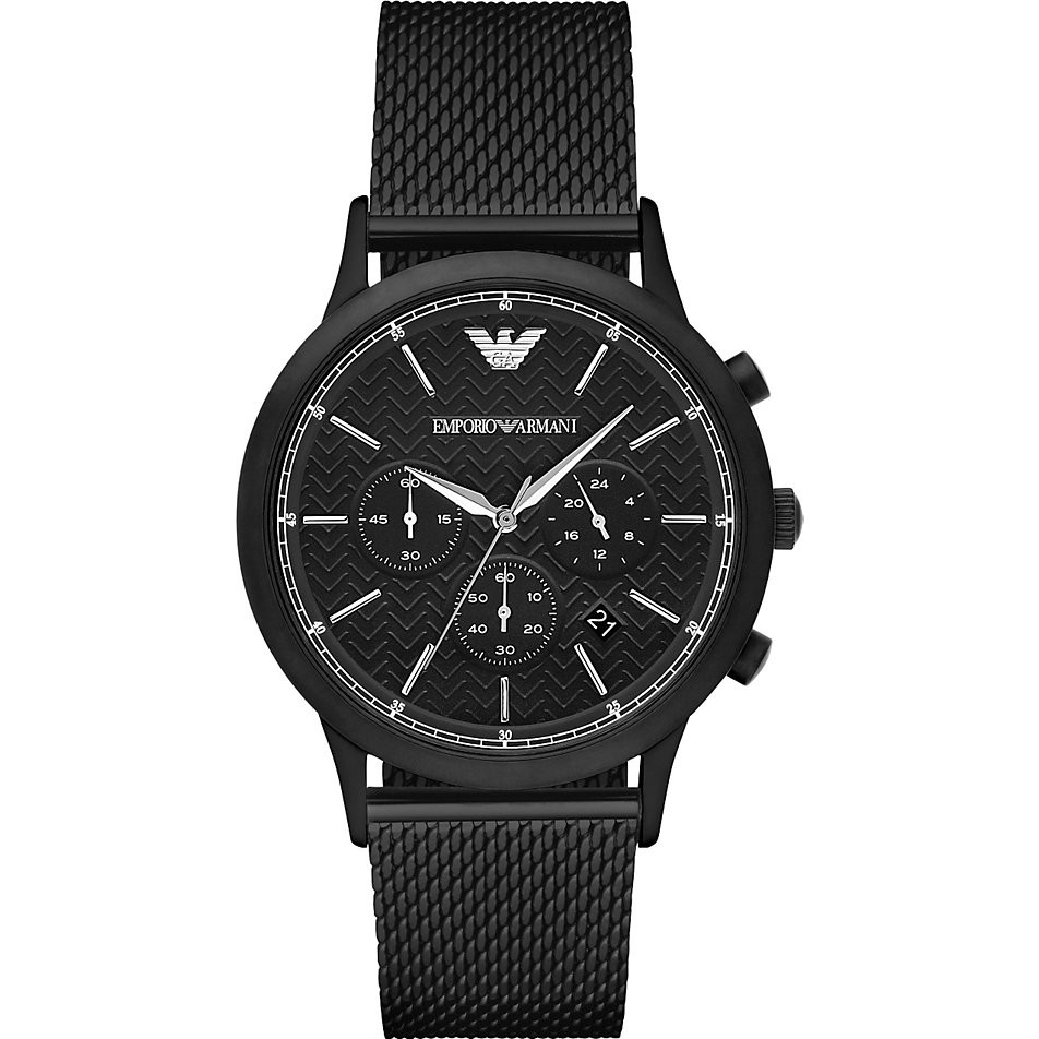 Men's Emporio Armani Renato AR2498 chronograph watch featuring a 43mm black dial with textured pattern, black mesh bracelet, and three sub-dials for timekeeping.