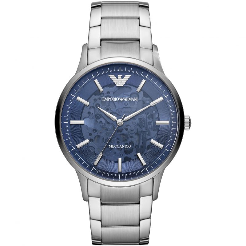 Men's Emporio Armani Renato AR60037 automatic watch featuring a 43mm blue skeleton dial, silver stainless steel bracelet, and elegant hour markers.