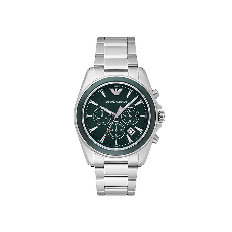Men's Emporio Armani Sigma AR6090 chronograph watch features a 44mm green dial, silver steel bracelet, and three sub-dials with a date display at 4 o'clock.