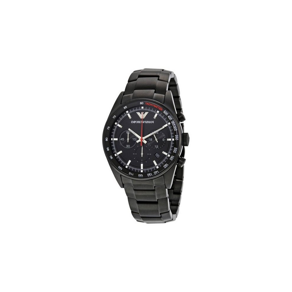 Men's Emporio Armani Sigma AR6094 chronograph watch featuring a 43mm black dial, black steel bracelet, and red accents on the dial for a sleek, modern look.