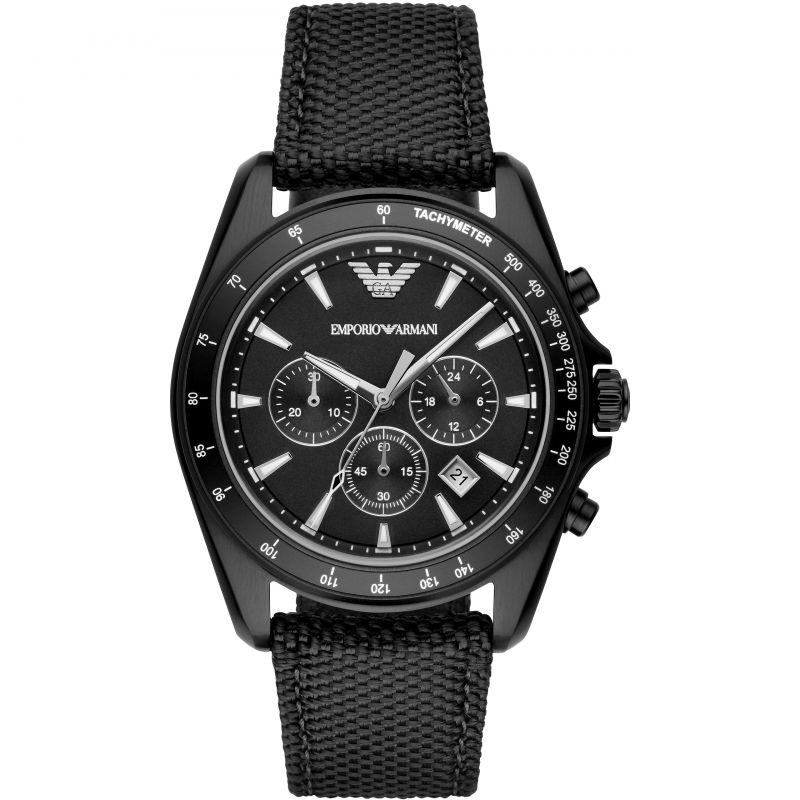 Men's Emporio Armani Sigma AR6131 chronograph watch featuring a 44mm black dial, nylon strap, silver accents, and tachymeter scale.